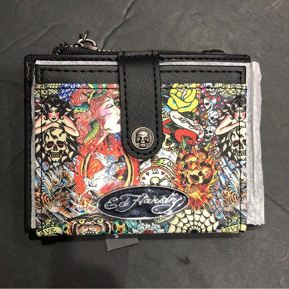 Ed Hardy black bifold‎ ed hardy multi graphics print slim card case brand new